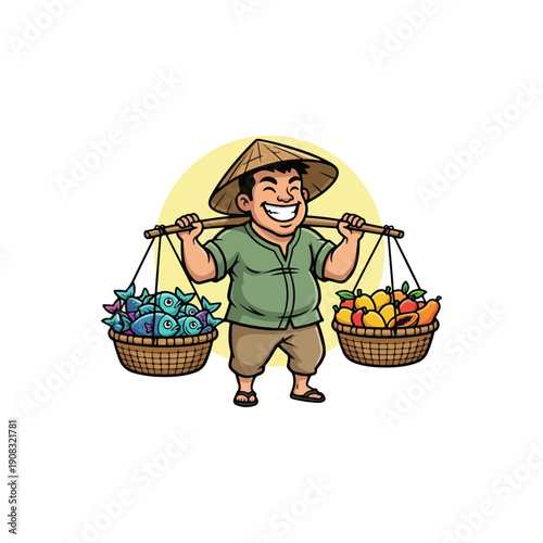 Street Vendor with Carrying Pole Baskets of Fish and Tropical Fruits