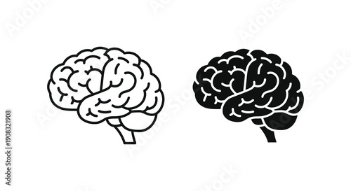 Two stylized illustrations depict the human brain one outlined and one solid black against a white background