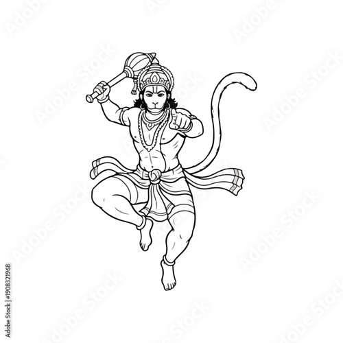 Dynamic Hanuman Leaping Pose with Gada Weapon Vector Line Art