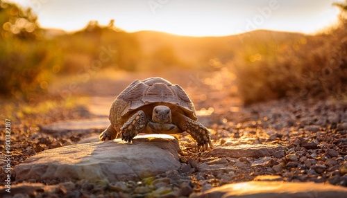 A Tortoise Walks On A Rocky Path At Sunset With Warm Golden Light