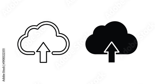 Two cloud icons are presented one outlined and one solid black both with upward pointing arrows high quality professional