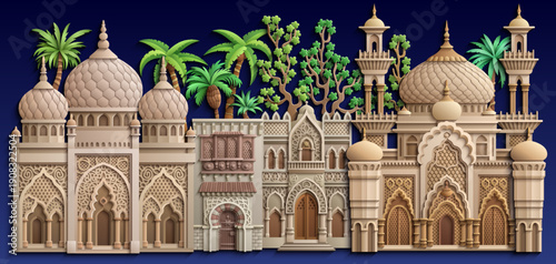Arabic paper cut style vector illustration of an oriental city with mosques, domes, minarets and palm trees on dark blue background. Ramadan Kareem concept design.
