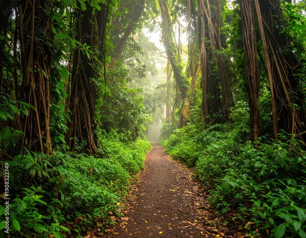 Fototapeta premium Serene Jungle Pathway Through Lush Greenery and Soft Mist