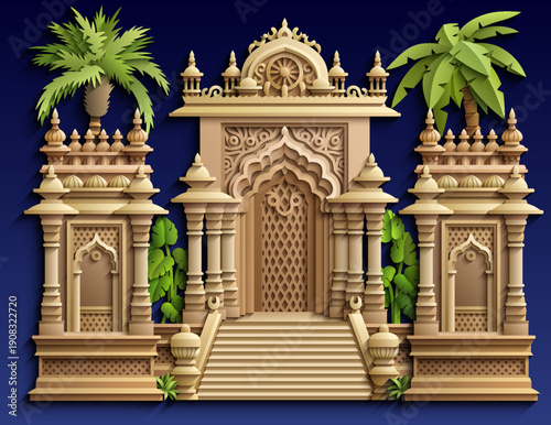 Arabic paper cut style vector illustration of an oriental city with mosques, domes, minarets and palm trees on dark blue background. Ramadan Kareem concept design.