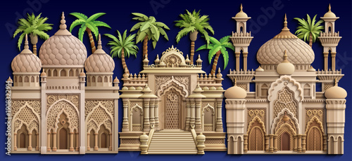 Arabic paper cut style vector illustration of an oriental city with mosques, domes, minarets and palm trees on dark blue background. Ramadan Kareem concept design.