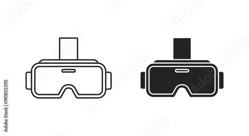 A minimalist depiction showcases two virtual reality headsets one outlined and one solid black on white high quality