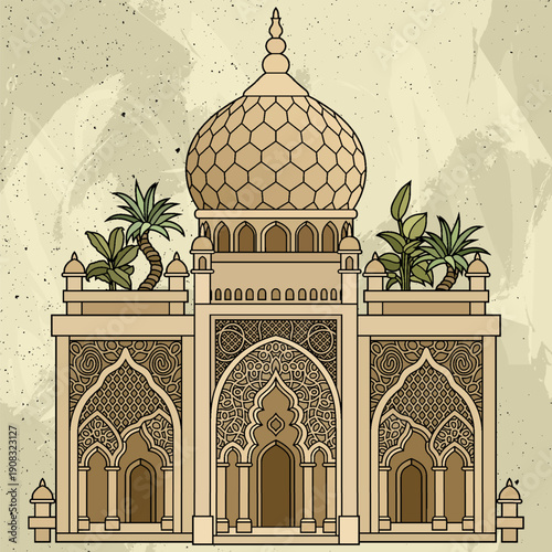 Vintage-style illustration of an ornate Middle Eastern palace with domes, arches, and palm trees, featuring intricate Islamic patterns in warm earthy tones
