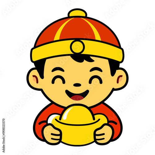Chinese New Year Cute Boy Character Holding Gold Ingot Icon Illustration