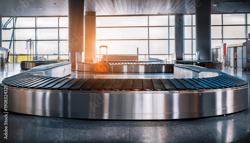 baggage moving on an airport conveyor belt in an empty airport arrivals hall