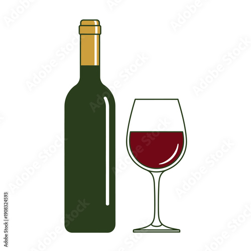 Green Bottle of Red Wine Next to a Full Wine Glass, Minimalist Illustration