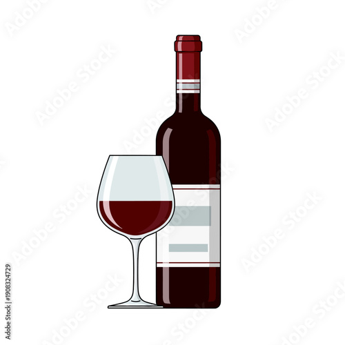 Red Wine Bottle and Glass - Vector Illustration