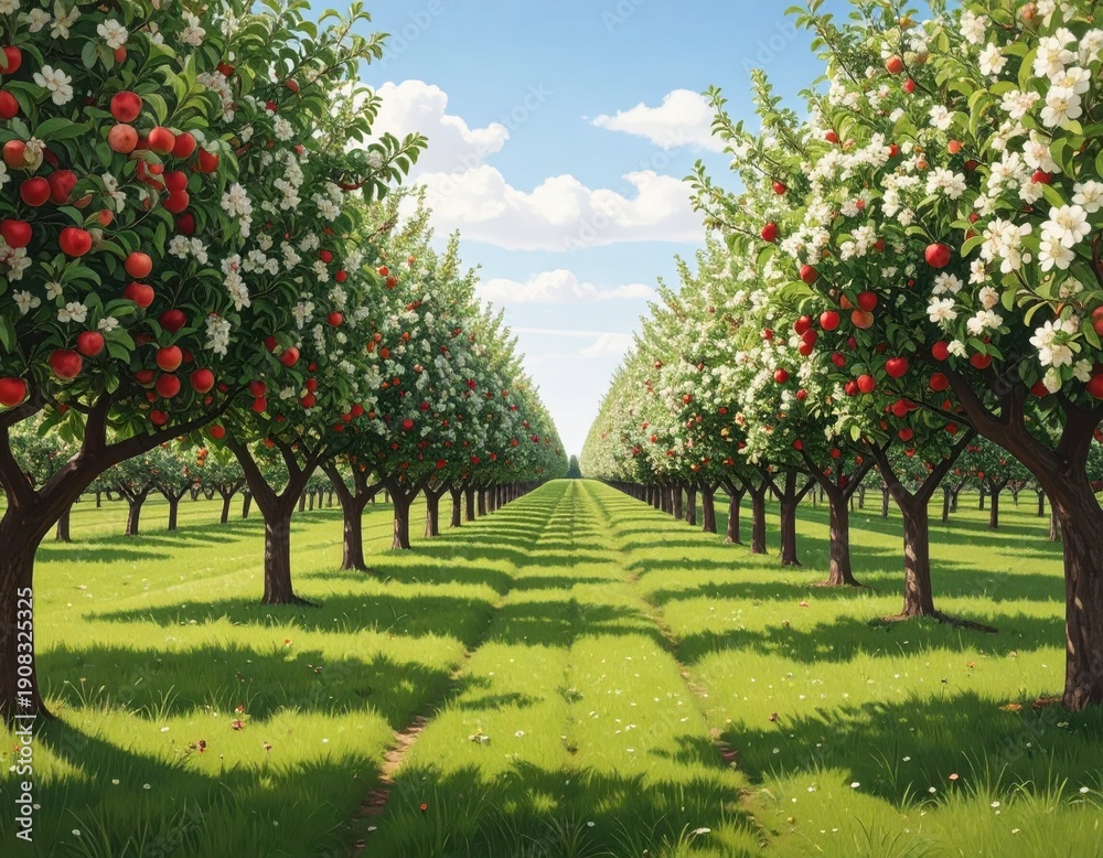 Obraz premium Vibrant Apple Orchard with Blossoming Trees and Lush Green Grass
