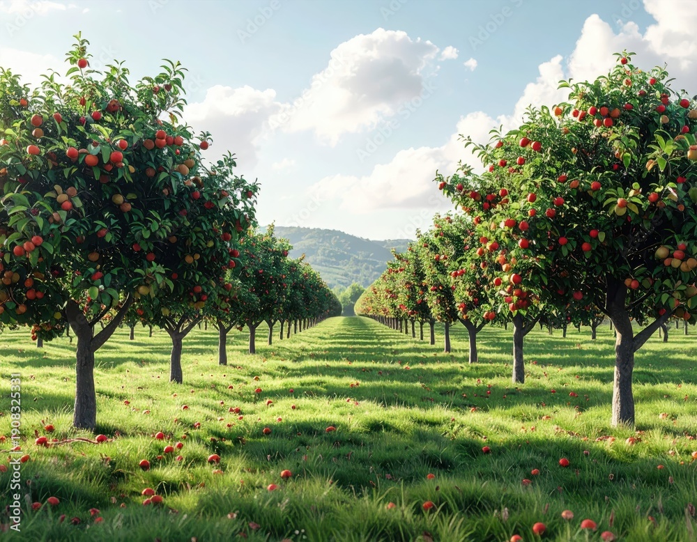 Fototapeta premium Lush Apple Orchard with Fruit-Laden Trees on a Sunny Day