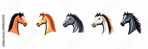 Set of five stylized horse head icons in flat minimalist vector style with varied coat colors including brown, chestnut, gray, cream, and black manes for logo design and branding purposes