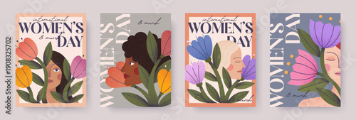 Womens Day 8 March set. Botanical posters with multicultural women portraits. Feminism empowerment, equality and inclusion. Vertical greeting card templates for print,banner and social media.