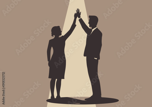 Business man and woman silhouettes giving high five in spotlight celebrating teamwork success and professional achievement concept with minimalist flat style design