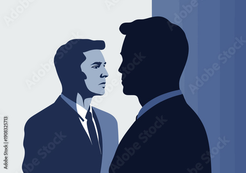 Businessman silhouette facing reflective self portrait concept of self doubt inner conflict decision making uncertainty in flat minimalist style vector illustration