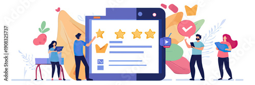 People giving five star rating and feedback on digital survey form using tablet with social media icons and user experience concept flat vector illustration