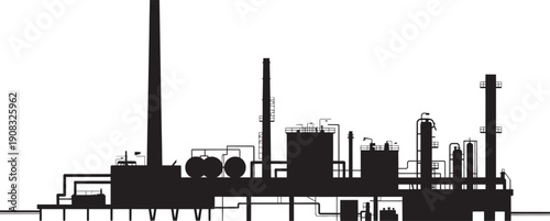 A wide black silhouette depicting a complex industrial manufacturing plant with diverse structures and pipes