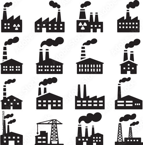 Large collection of diverse black silhouette factory and industrial building icons with smoke plumes