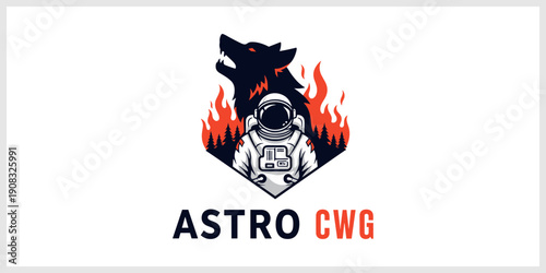 Astronaut with Fiery Howling Wolf Emblem Logo Design