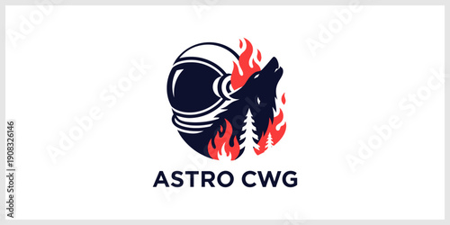Astronaut Helmet and Howling Wolf with Flames Logo Design