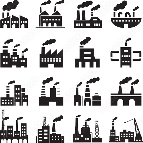Diverse collection of sixteen black silhouette industrial factory icons showing various building styles and elements