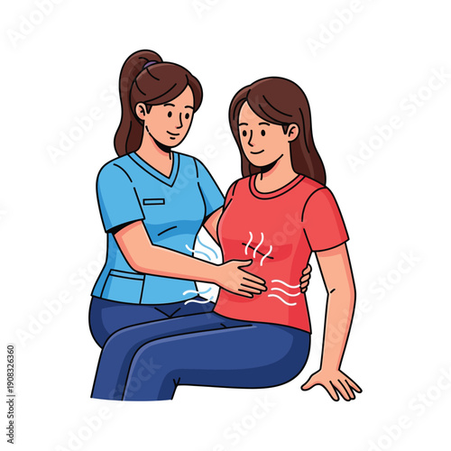 Breathing Exercise Coaching Illustration. Physiotherapist or Nurse assists female patient with diaphragmatic respiratory technique for relaxation and rehabilitation.
