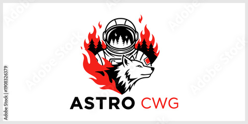 Astronaut and Fierce Wolf Logo with Red Flames