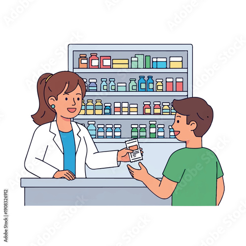 Pharmacist handing medication to customer at pharmacy counter with shelves of products in the background, conveying a helpful and professional atmosphere.