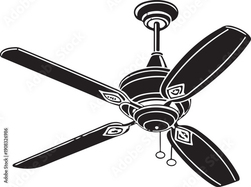 Ceiling fan with three blades in sleek modern minimal flat design black silhouette vector isolated on transparent background illustration