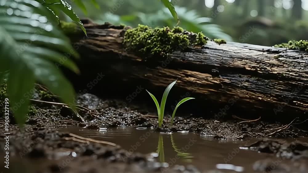 custom made wallpaper toronto digitalA tiny green sprout emerges from the wet soil next to a fallen log covered in moss in a lush forest.