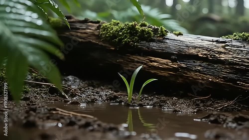 Wallpaper Mural A tiny green sprout emerges from the wet soil next to a fallen log covered in moss in a lush forest. Torontodigital.ca