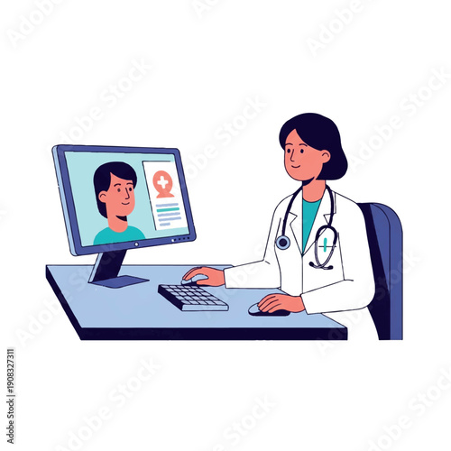Female doctor sitting at a desk with a computer, engaged in a virtual consultation with a patient on the screen.