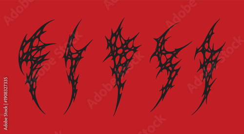 Y2K Cyber Sigilism Tattoo Pack. Liquid Mercury Chrome Flame and Skeletal Web Ornaments. Abstract Neo-Tribal Gothic Shapes. Melted Metal Aesthetic Design Elements for Streetwear Apparel.