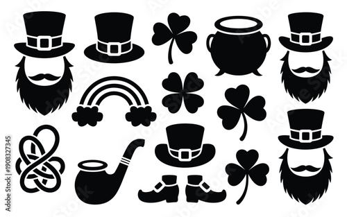 St patrick's day icons set with leprechaun beards hats shamrocks pot of gold rainbow and pipe on white background