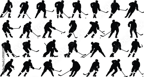 Ice Hockey Player Silhouette Collection Vector Set of Athletes in Action Isolated on White Background for Sports Design