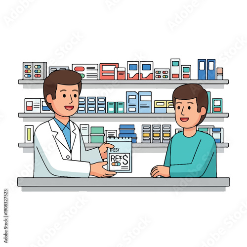 Illustration of a pharmacist handing a prescription to a customer at a pharmacy counter with shelves of medication in the background.
