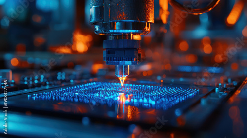 Macro photography of an advanced nano-imprint lithography process, a microscopic stamp transferring intricate circuit patterns onto a silicon substrate