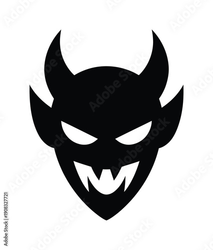 Black vector silhouette of a menacing devil face design with horns