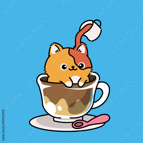 Adorable kitten sitting inside a coffee cup illustration. Cute cartoon animal art with cozy café theme and clean vector design.