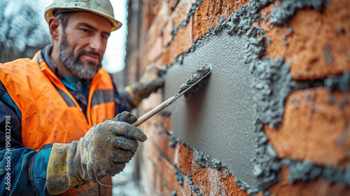 Focused construction worker in safety gear applies fresh mortar to brick wall with trowel, showcasing professional masonry work