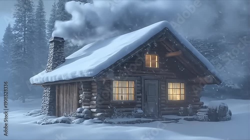 Wallpaper Mural Cozy log cabin nestled in a snowy forest with smoke rising from the chimney and warm light emanating from the windows. Torontodigital.ca