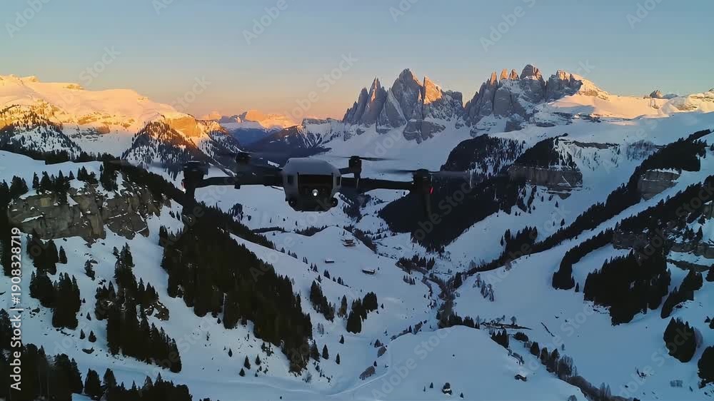 custom made wallpaper toronto digitalDrone flying over a snowy mountain landscape at sunset with dramatic peaks in the background.