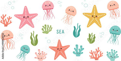 Cute sea creature vector set with jellyfish starfish coral seaweed and smiling underwater animals isolated on white background for nursery ocean designs