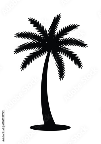 Black vector silhouette of a lone palm tree against a bright background.
