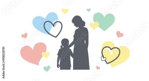 Vector illustration of mother and child surrounded by colorful hearts, for Valentine's Day or Mother's Day, overlay effect, for social media or website, Isolated on transparent background, png