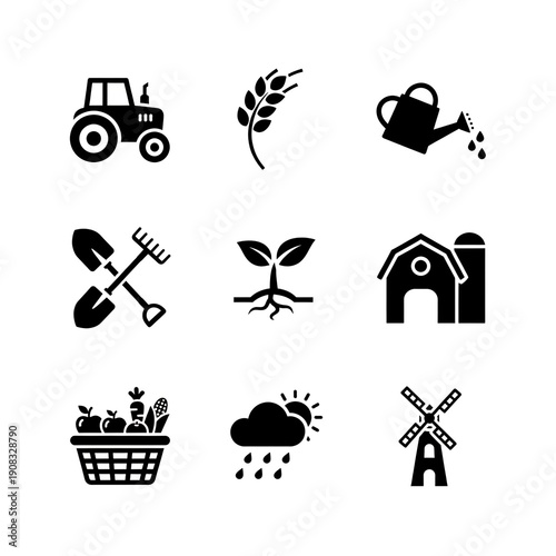 Set of black vector farm icons and nature symbols featuring a tree silhouette, house, sun, and eco earth signs isolated on a white background for holiday or organic illustration