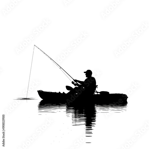 Silhouette of a fisherman in a kayak casting a fishing rod.