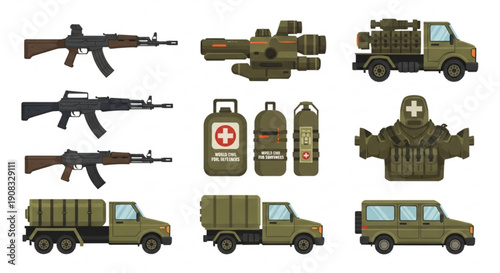 Military equipment illustrations with weapons and vehicles in green  